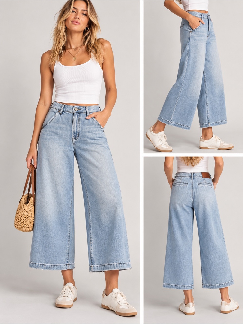 HIDDEN Jeans High Rise Wide Leg Crop Jeans 26 Light Wash Raw Hem